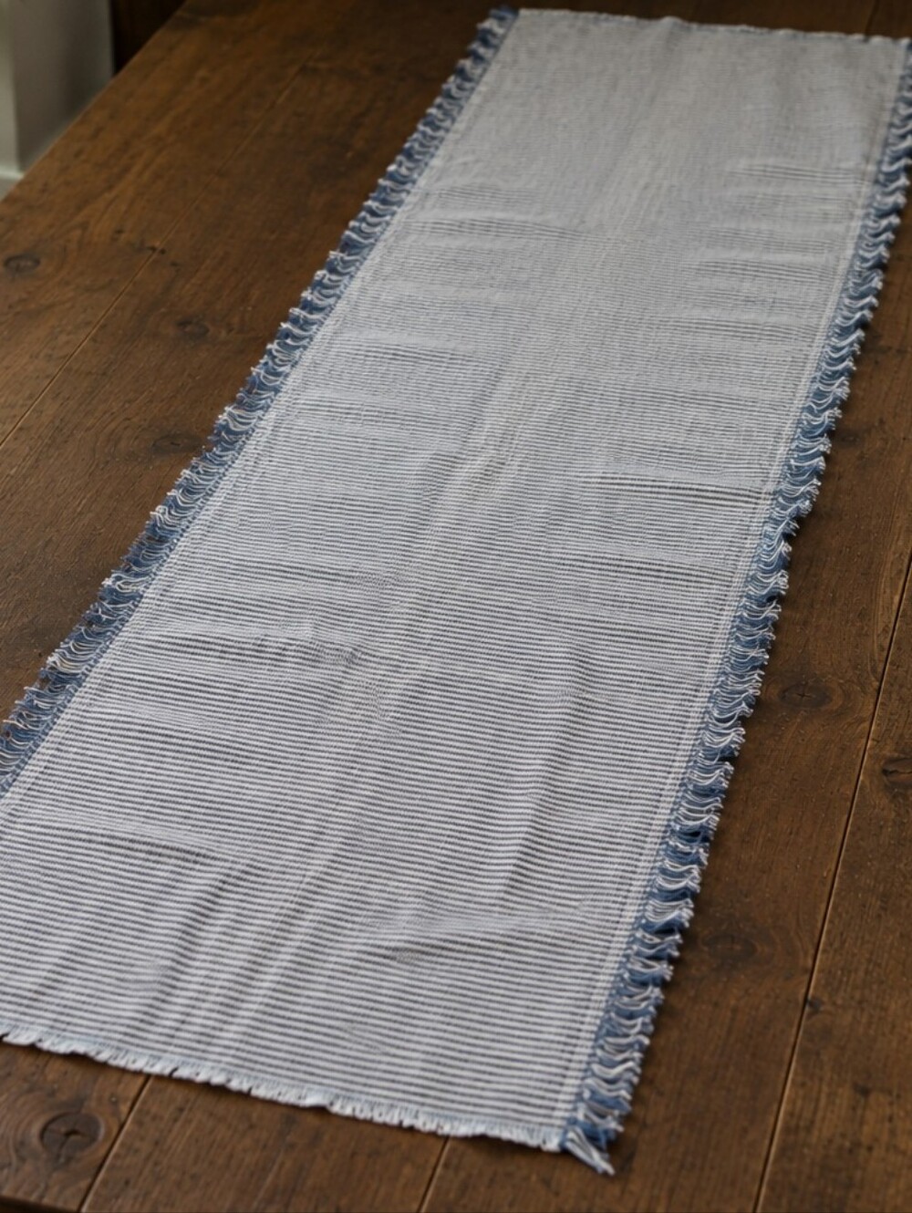 Indaba Blue & White Striped Linen Table Runner with Fringe 14” x 68”